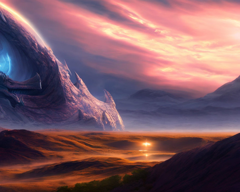 Alien landscape with large blue spiraled structure under dramatic sunset sky