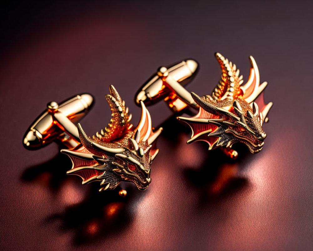 Luxurious Golden Dragon Cufflinks on Dark Red Background