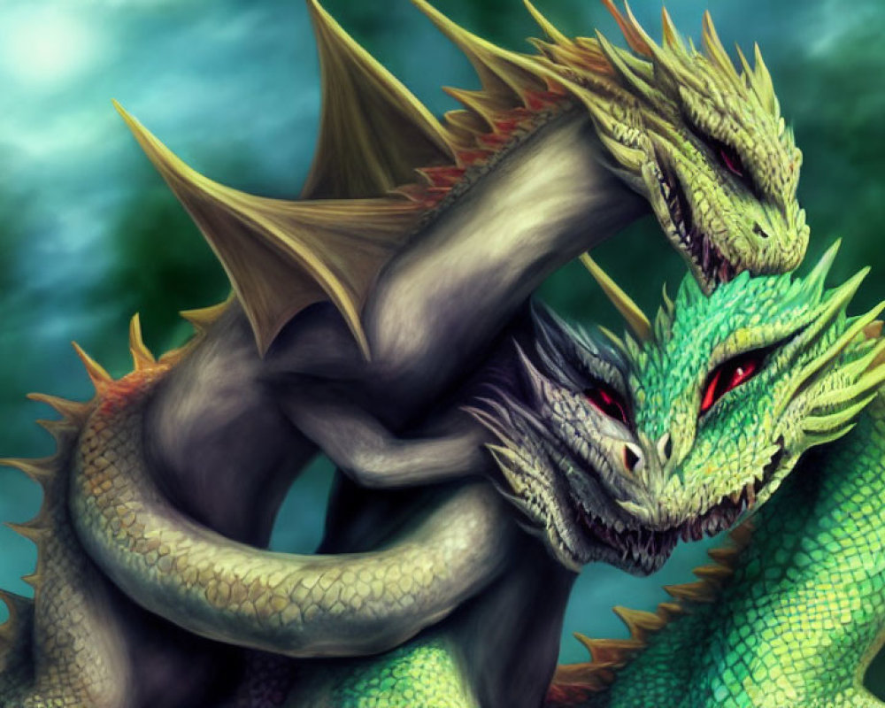 Digital illustration of a two-headed dragon with green scales and red eyes on blurred green backdrop