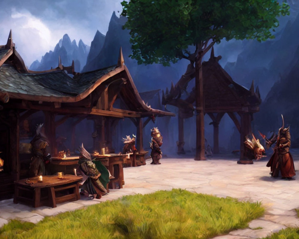 Medieval fantasy village with characters and wooden structures against mountain backdrop