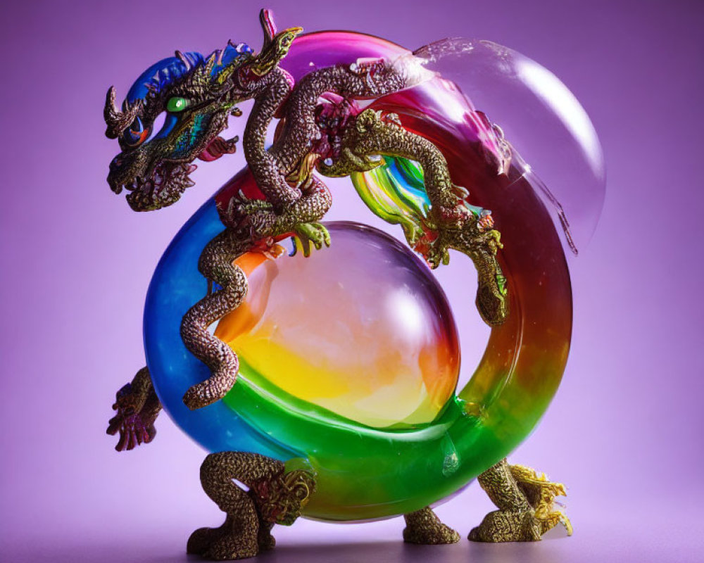 Iridescent glass orb in metallic dragon sculpture on purple backdrop