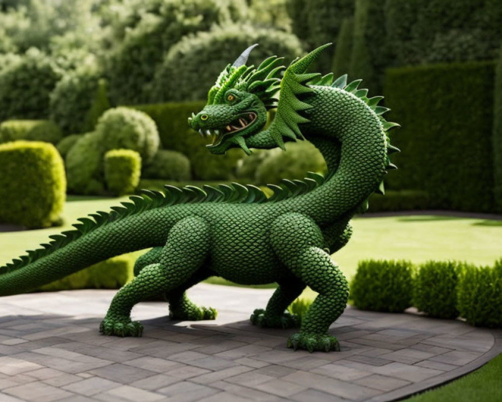 Intricate Green Dragon Topiary in Manicured Garden