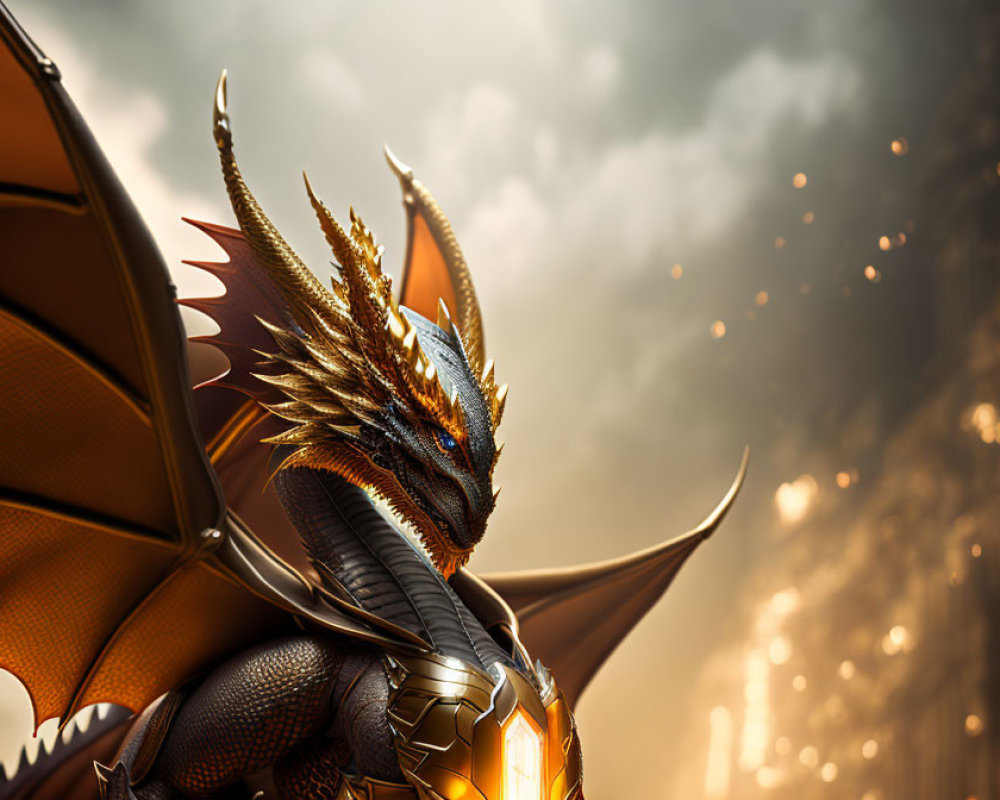 Majestic dragon with golden horns and scales against dramatic cloudy sky