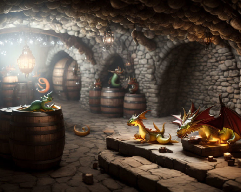 Three Small Dragons in Illuminated Underground Cellar with Arched Stone Interior