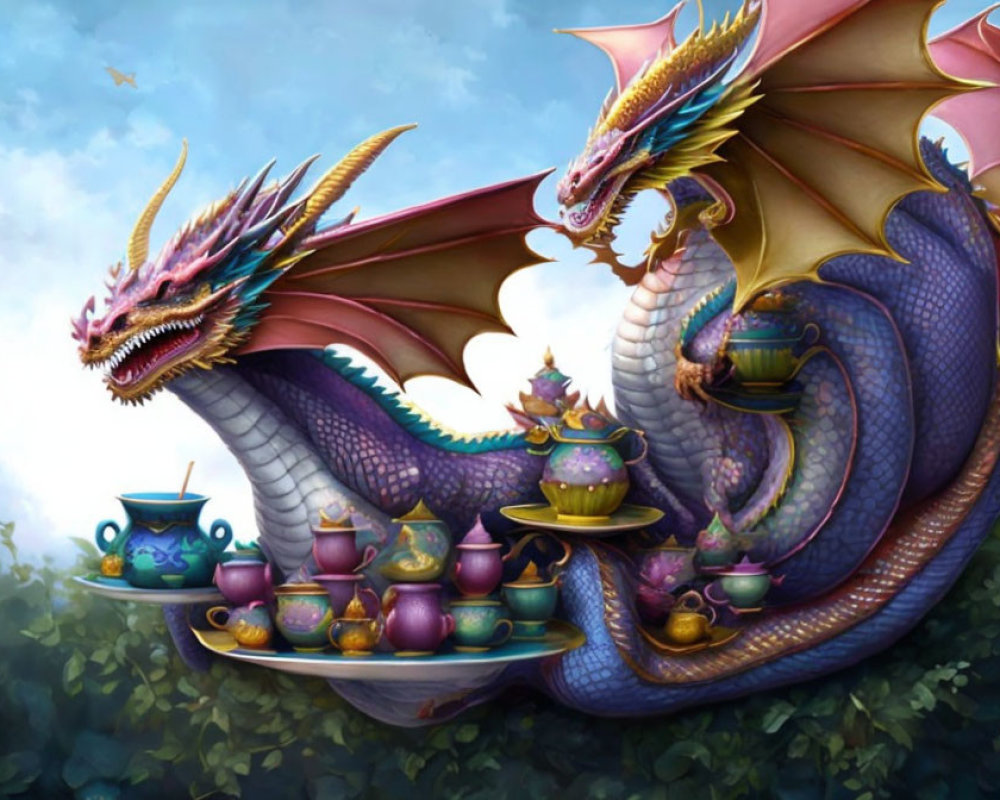 Colorful dragons with ornate teapots and cups on vibrant background