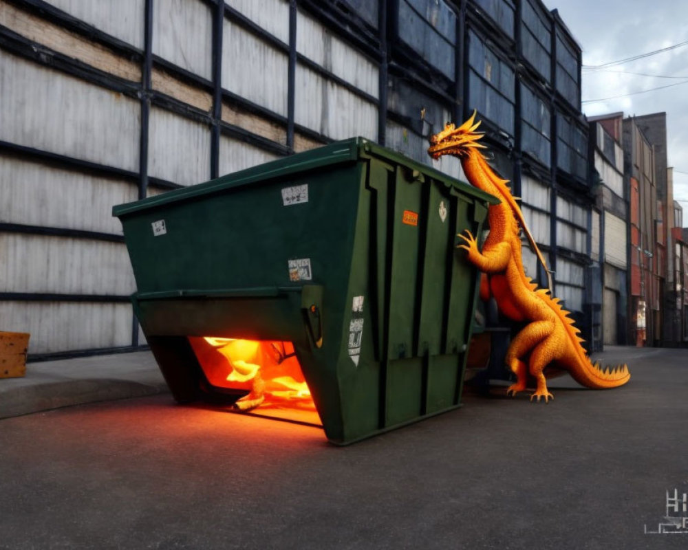 Digitally altered image: Orange dragon breathing fire in green dumpster