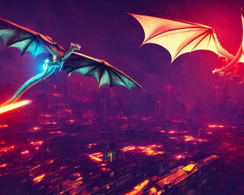 Two dragons soar above futuristic city with red lights under dark sky