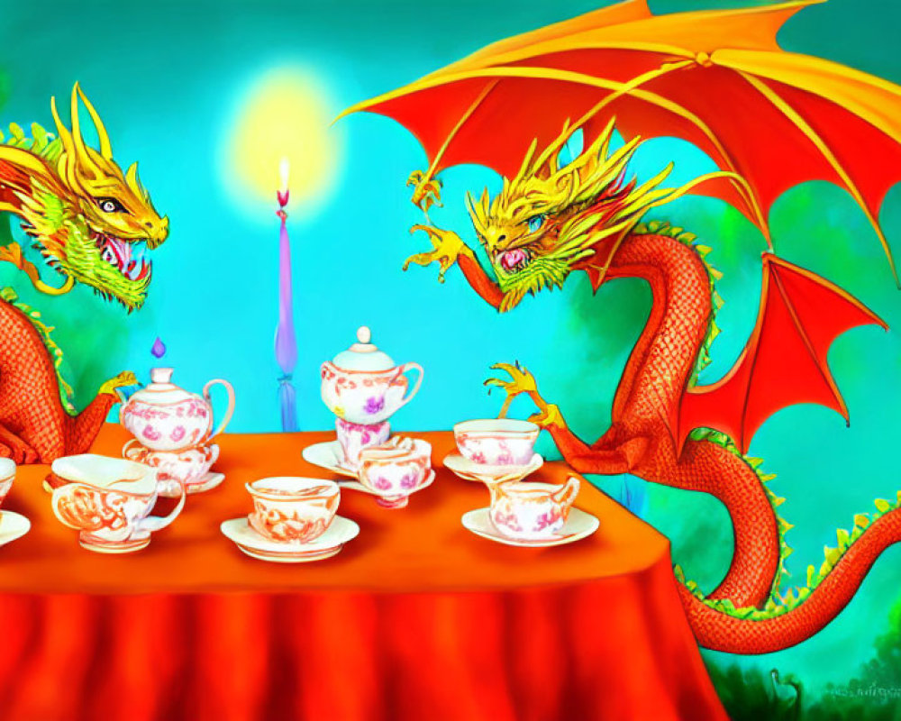 Colorful Dragons Tea Party Table Setting with Teapot and Candle