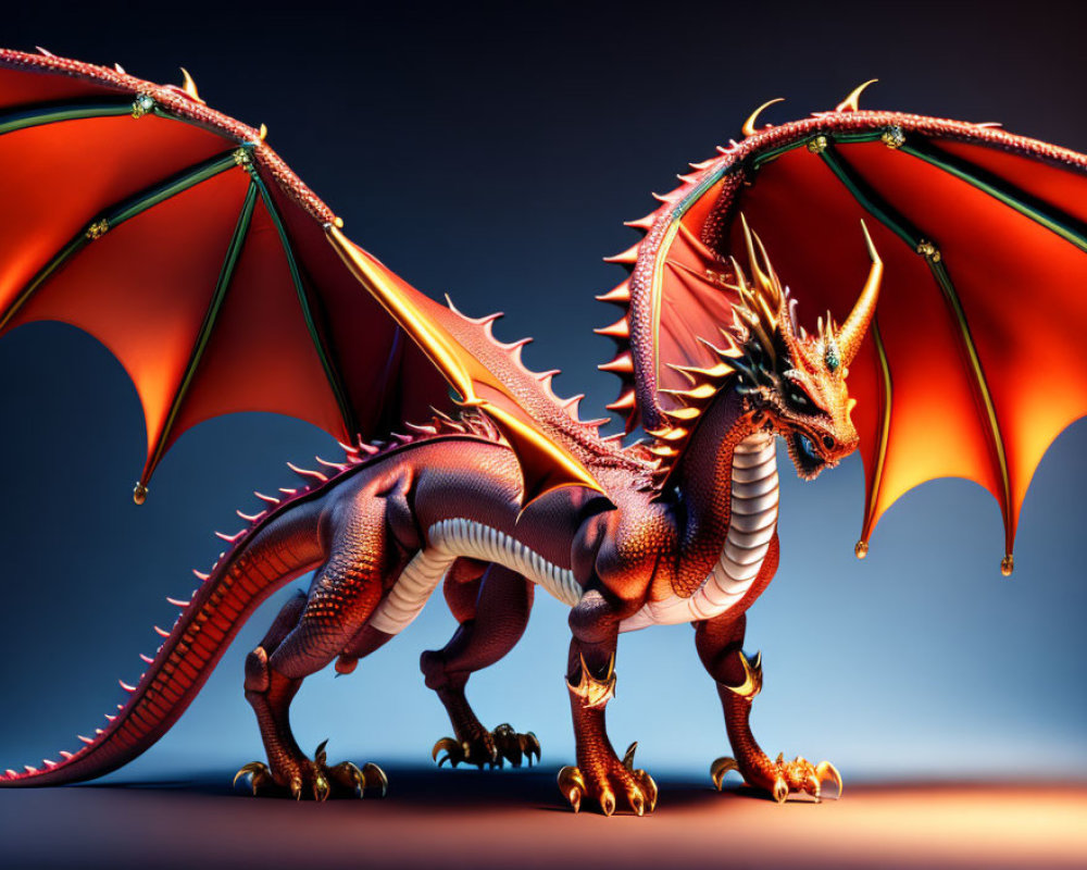 3D-rendered red dragon with expansive wings and golden accents