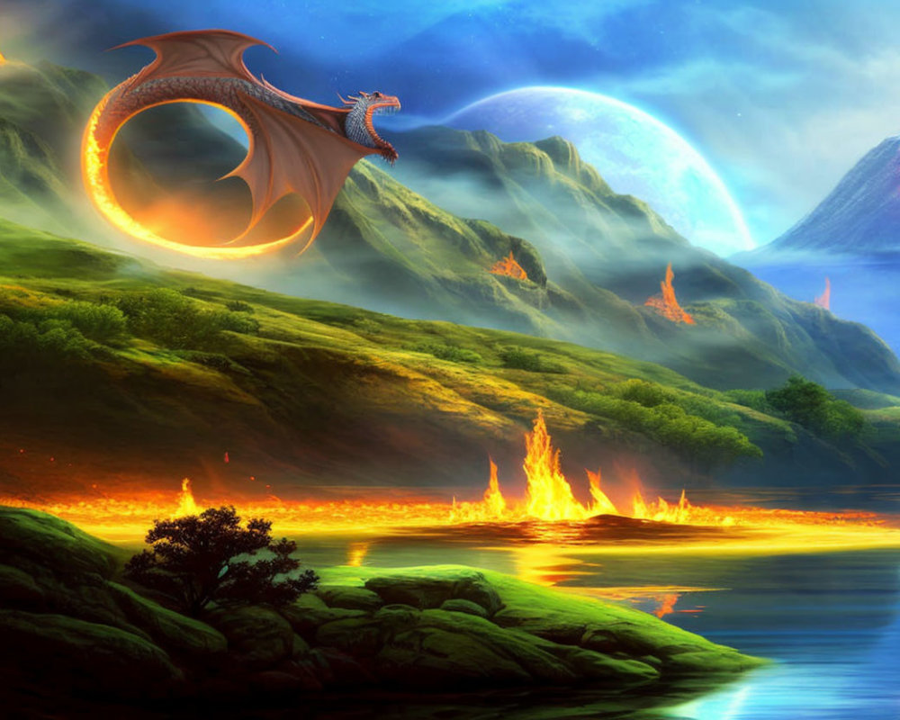 Fantasy landscape with dragon, eruptions, greenery, lake, celestial objects