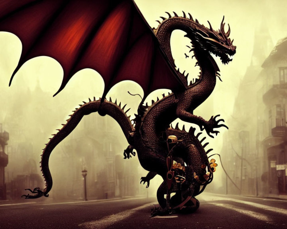 Majestic dragon in foggy city street with spread wings