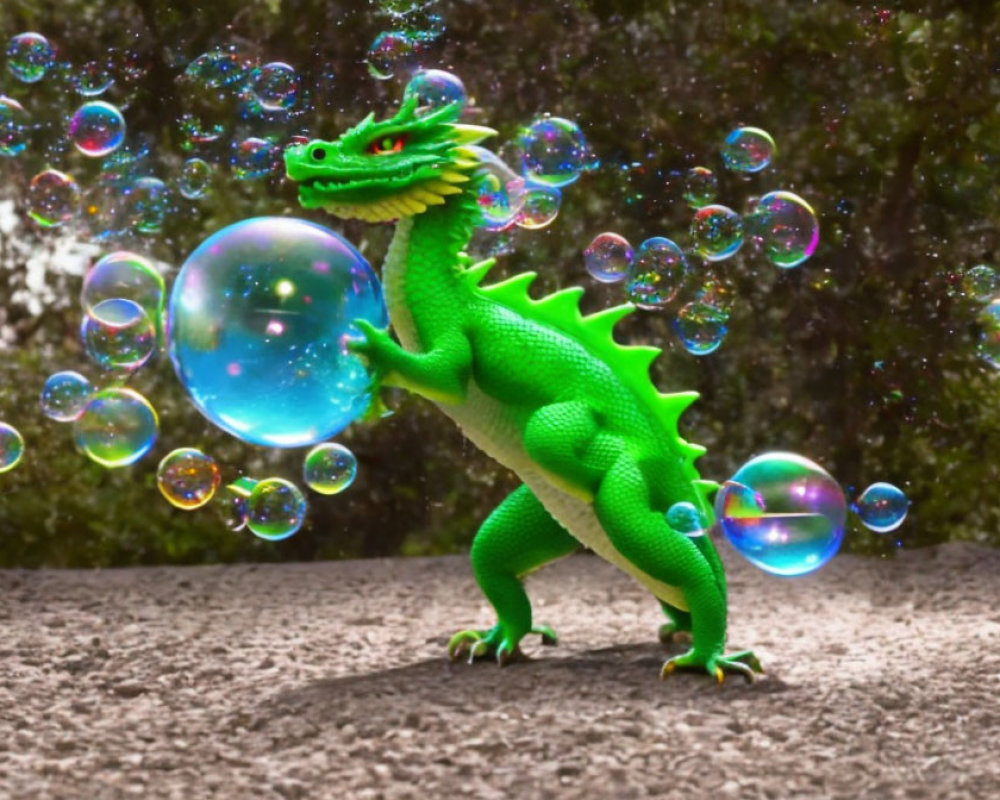 Green Dragon Toy Among Soap Bubbles on Gritty Surface