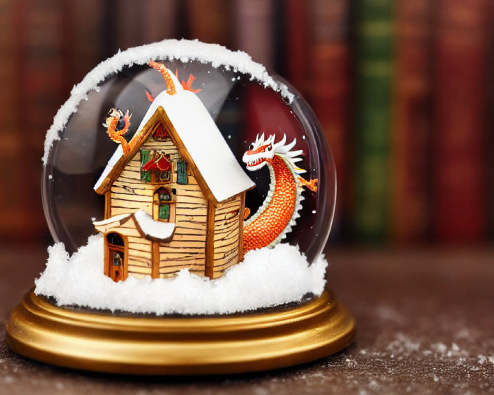 Snow Globe with Dragon and Snow-Covered House Among Colorful Book Spines