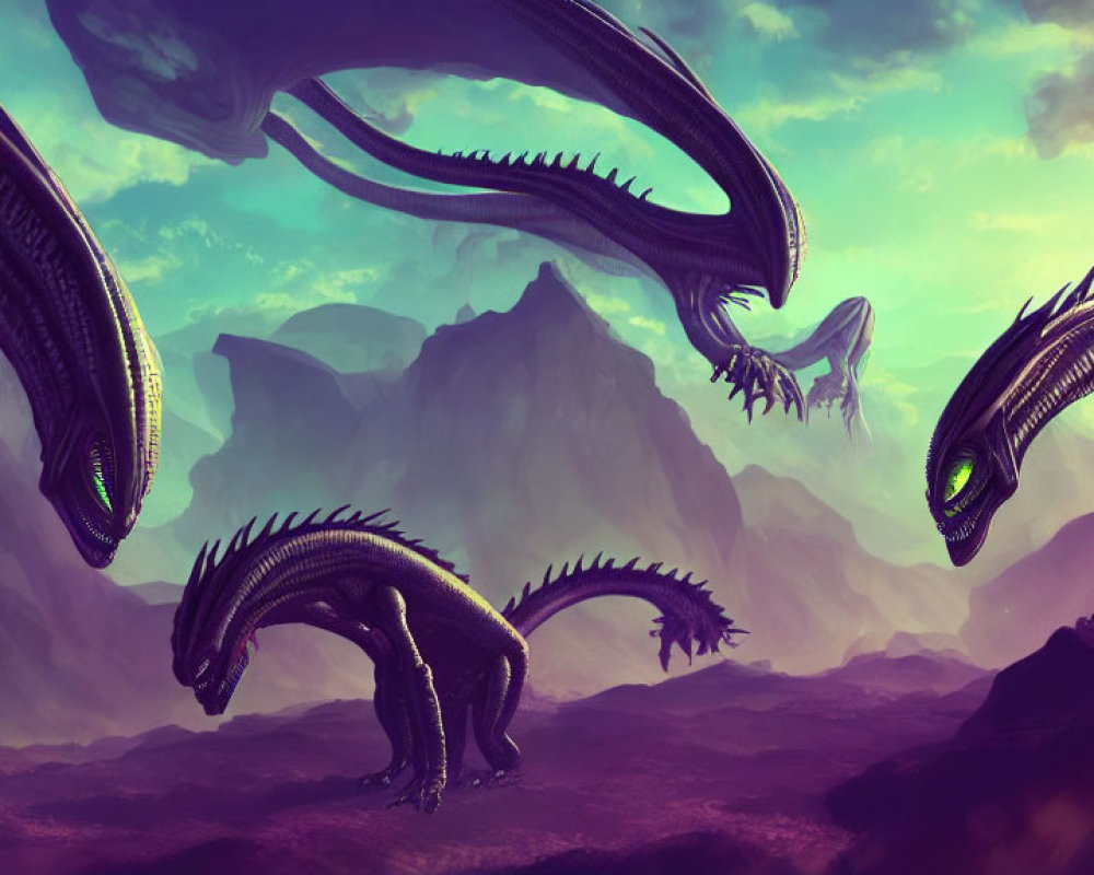 Digital artwork: Three serpentine dragons in fantastical landscape