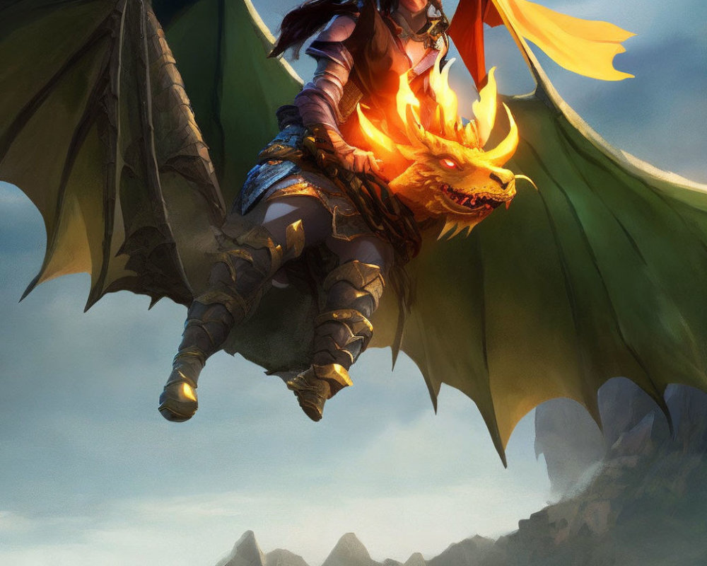 Armored warrior on flying dragon with fiery breath in cloudy sky