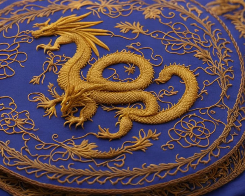 Golden Dragon Embroidery on Royal Blue Background - Traditional Asian Artistry