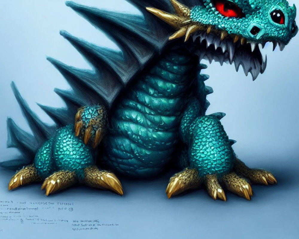 Fantastical blue dragon with large eyes and spiky wings on muted background