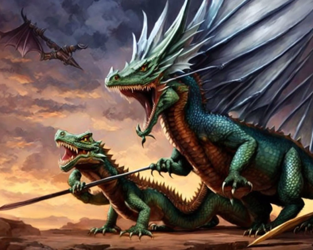 Majestic blue dragon with smaller companion and flying dragon in dramatic sky