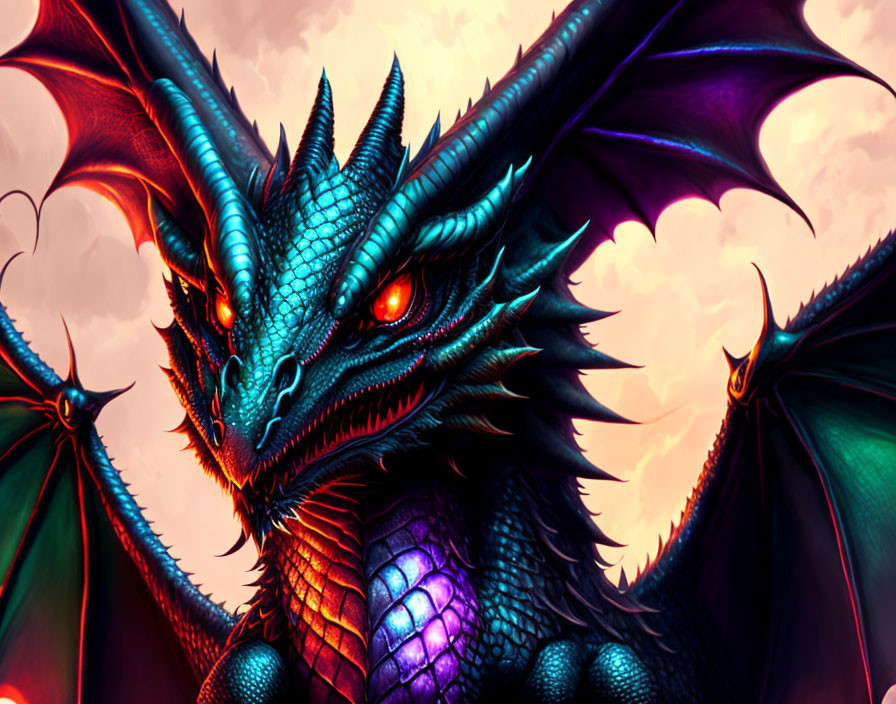 Colorful dragon with red eyes and wings in dramatic sky