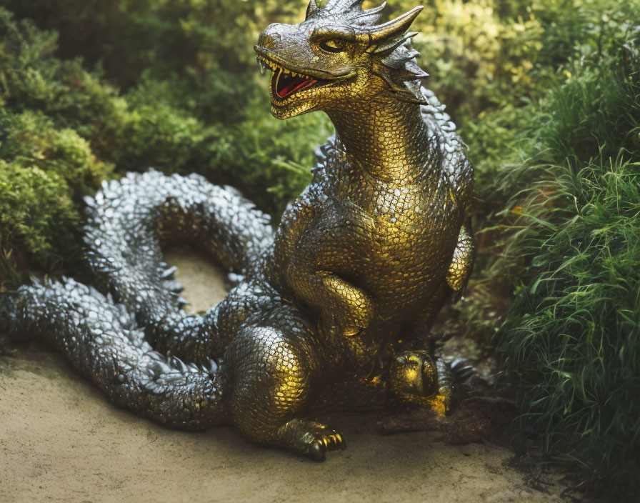 Detailed Silver Dragon Model Among Green Foliage