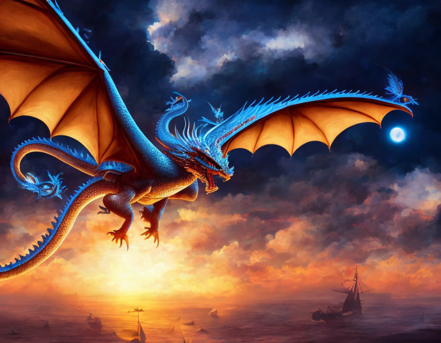 Majestic blue and orange dragon flying over ships in sea at dramatic sunset.