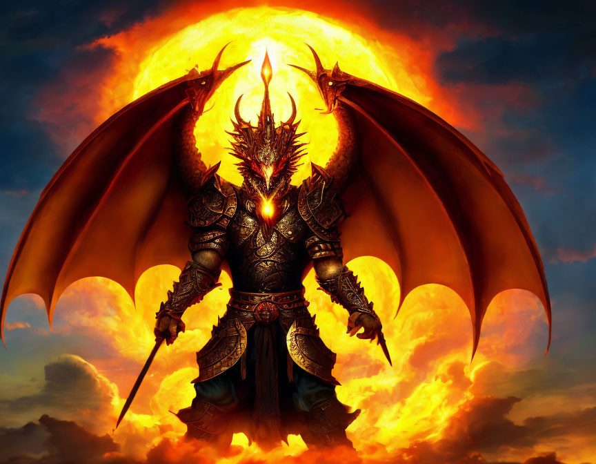 Fantasy warrior with dragon wings in ornate armor and sword under fiery sun