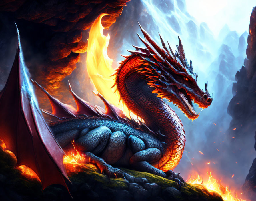 Red-spiked dragon with outstretched wings in fiery landscape