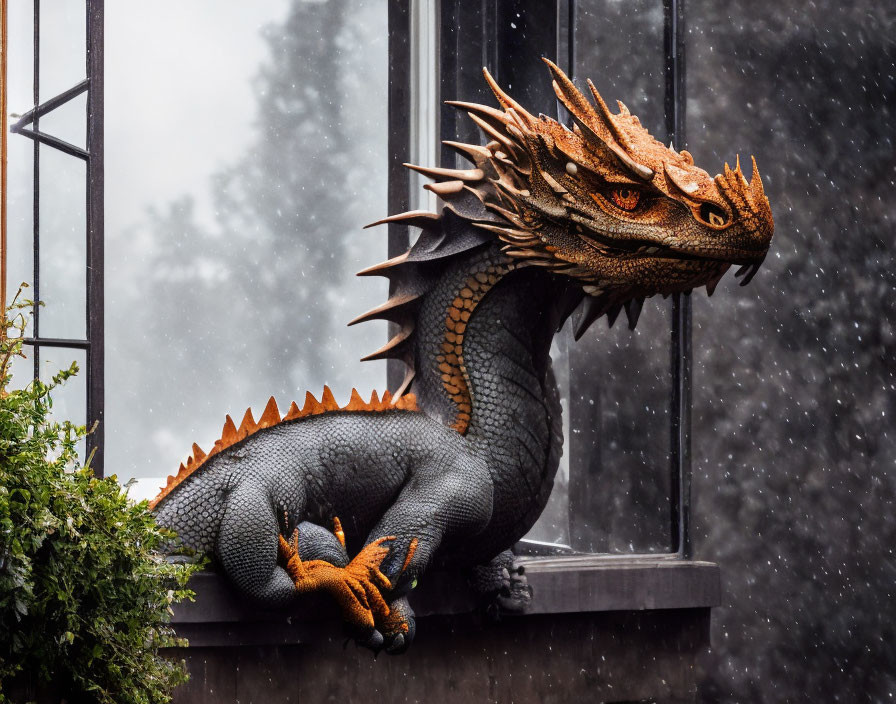 Detailed Dragon Sculpture Perched in Rain with Window Background