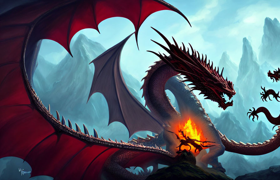 Majestic dragon with spread wings and fiery breath in mountain landscape