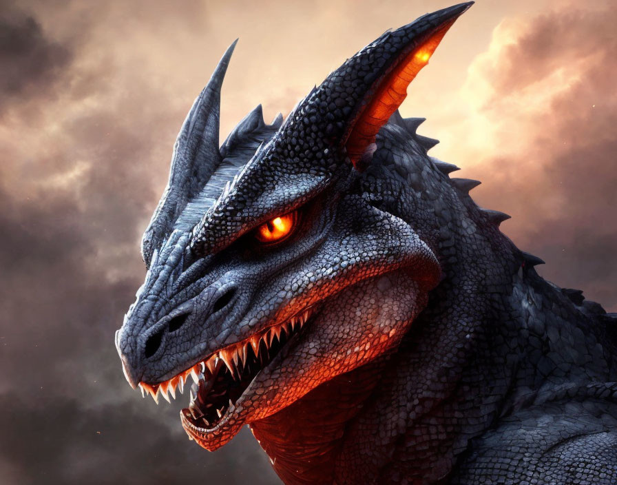 Detailed Close-Up of Menacing Dragon with Sharp Teeth and Glowing Eyes