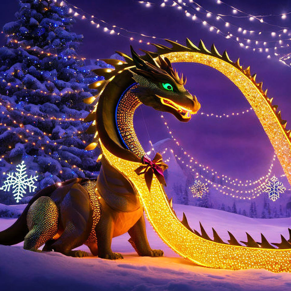 Glowing-eyed animated dragon in snowy Christmas scene