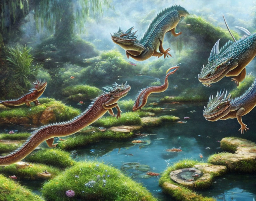 Fantasy scene: Dragons playing in lush green forest