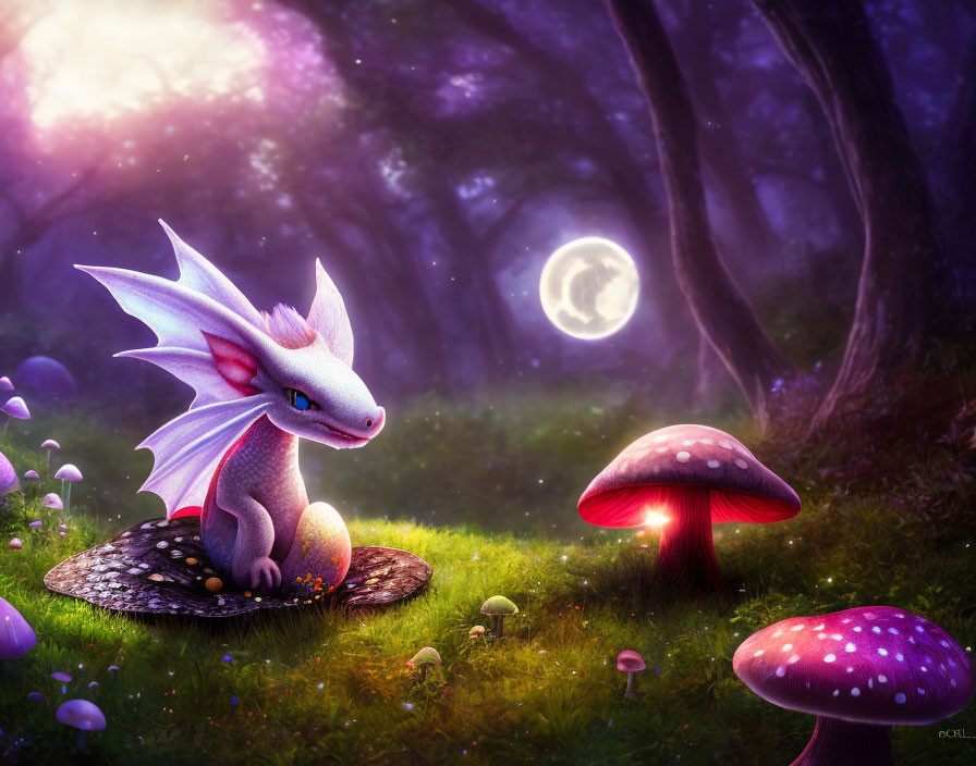 Fantasy forest scene with whimsical dragon and oversized mushrooms