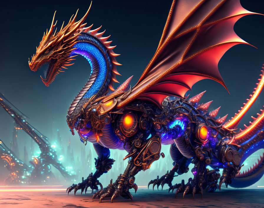 Mechanical dragon with glowing armor in futuristic cityscape