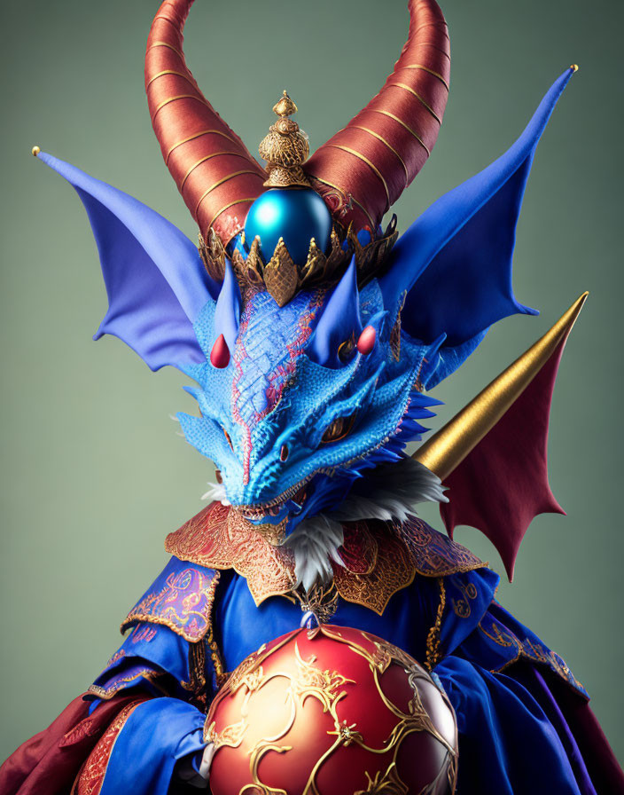 Colorful Dragon Character with Blue Scales and Ornate Design Holding Red and Gold Sphere