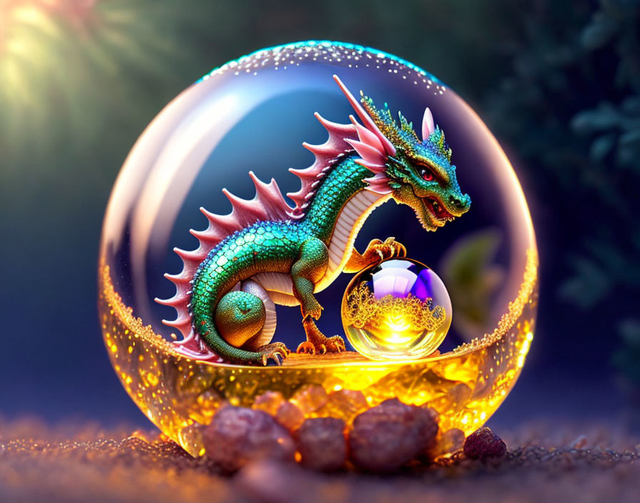 Green dragon in transparent bubble with gold elements on dusk backdrop