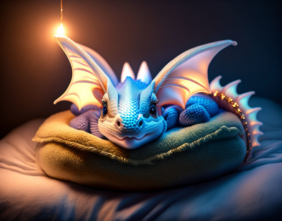 Blue dragon figurine with expansive wings on pillow under warm light