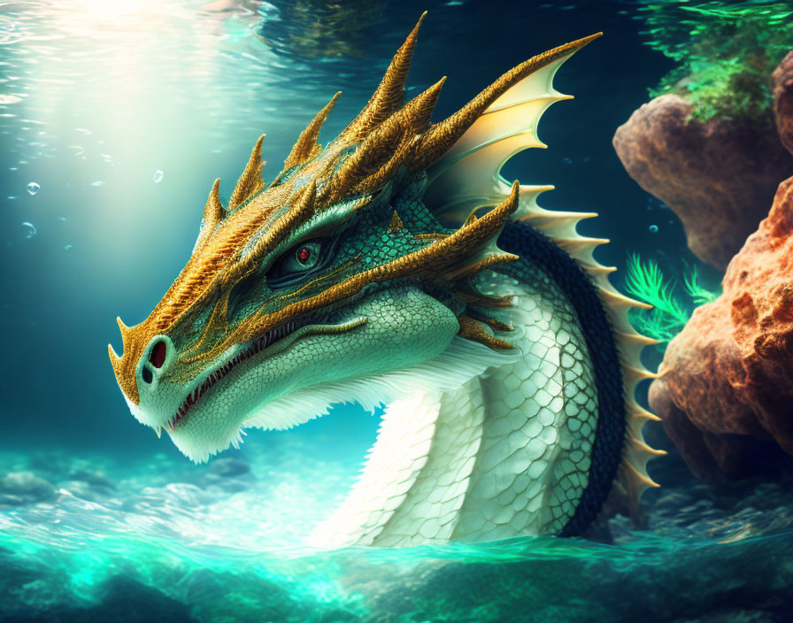 Golden-horned dragon emerges underwater among rocks and marine flora