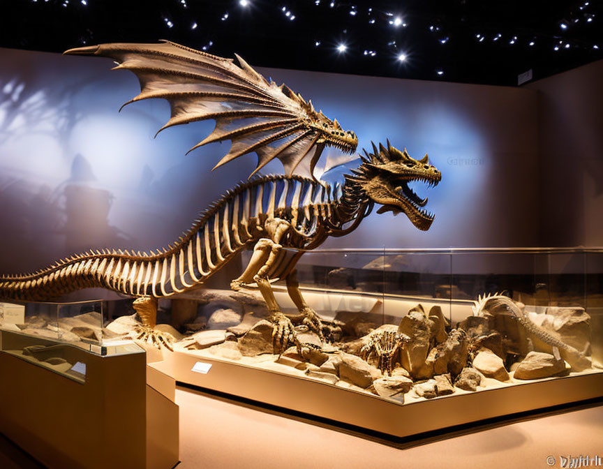 Realistic Dragon Skeleton Exhibit with Detailed Bone Structure