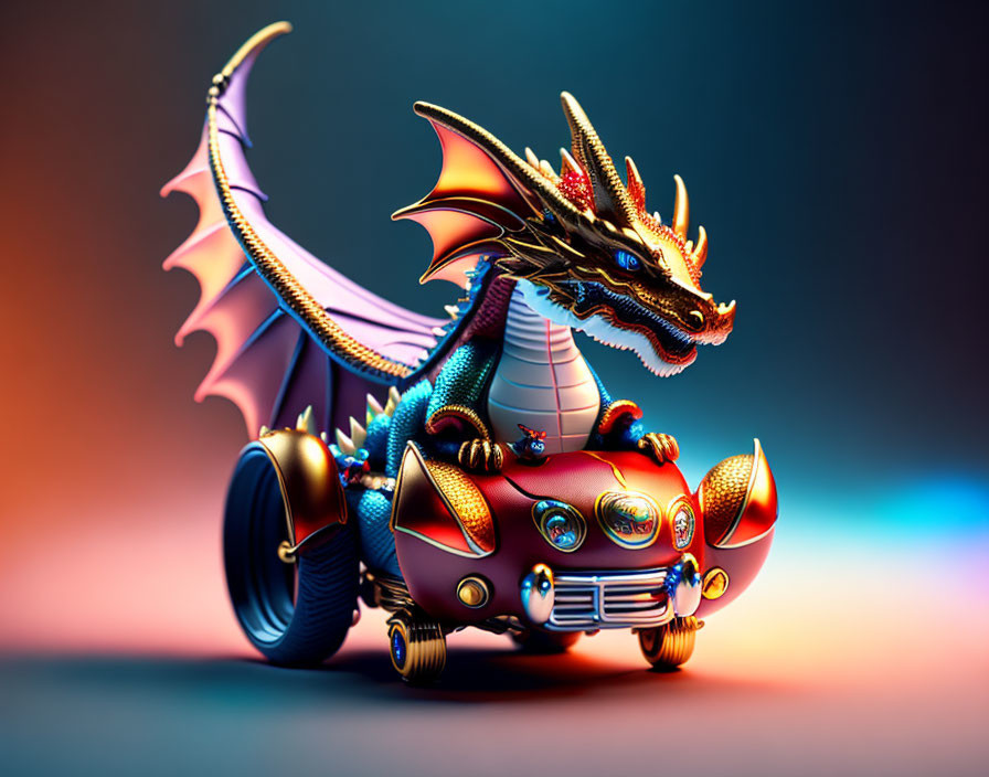 Vibrant stylized dragon on whimsical car with multiple headlights