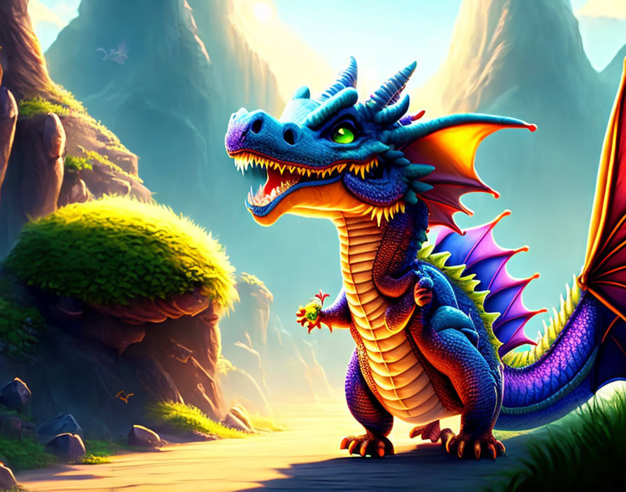 Colorful Cartoon Dragon with Blue Scales and Purple Wings in Mystical Valley