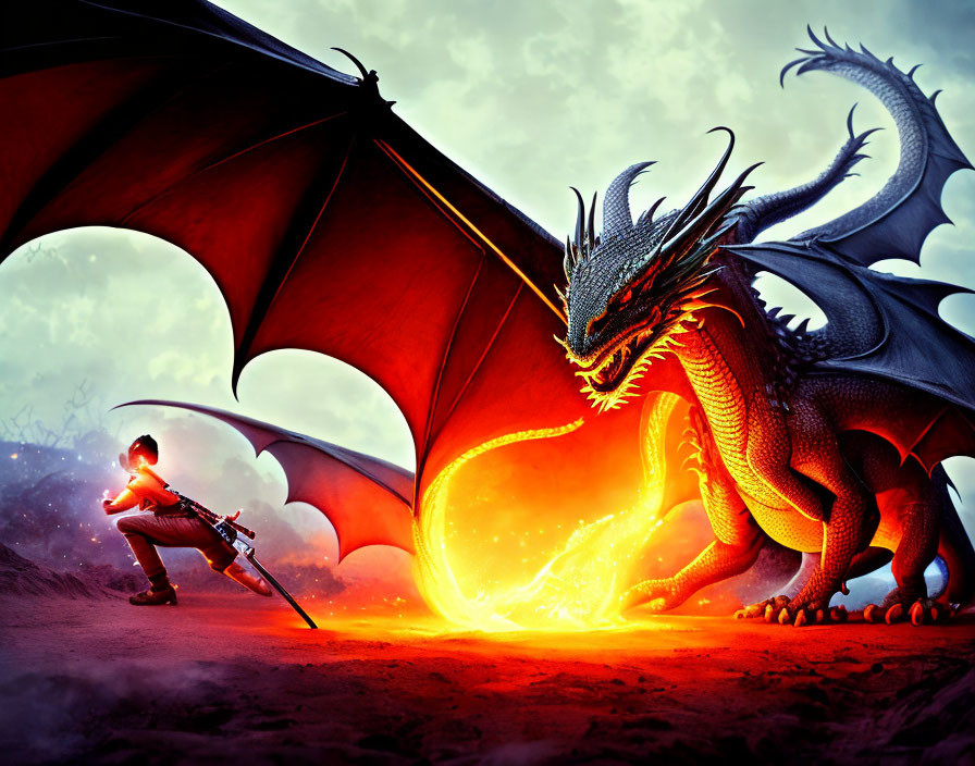 Person with sword battles fiery-breathing dragon in epic fantasy scene