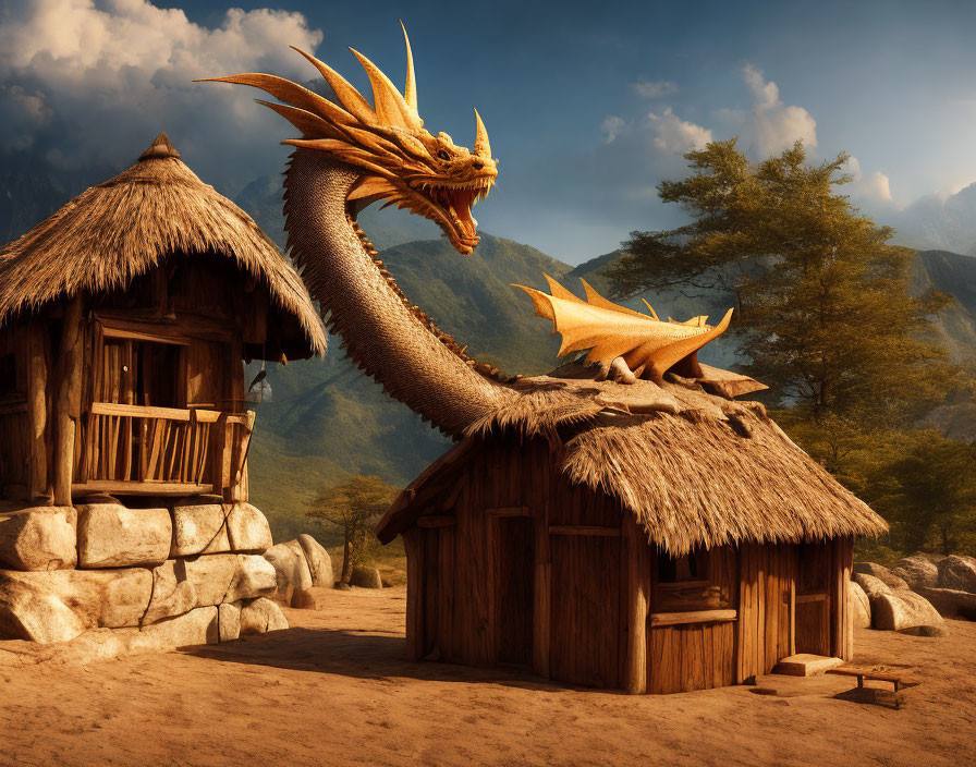 Majestic dragon on thatched-roof hut in mountain landscape