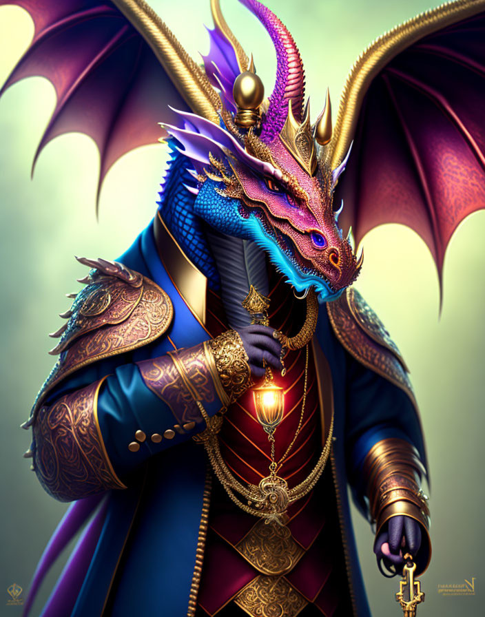 Regal dragon in gold armor with scepter and wings unfurled