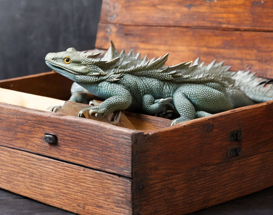 Realistic green-scaled dragon model in wooden box on dark background