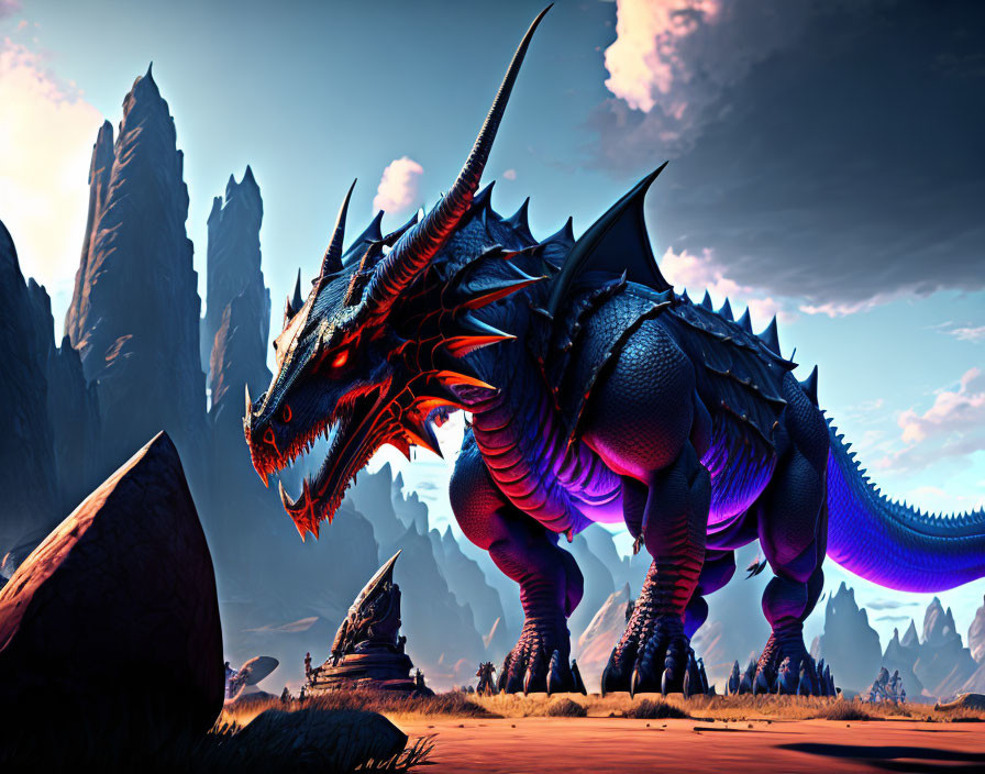 Blue dragon with horns and red eyes in rocky landscape at dusk