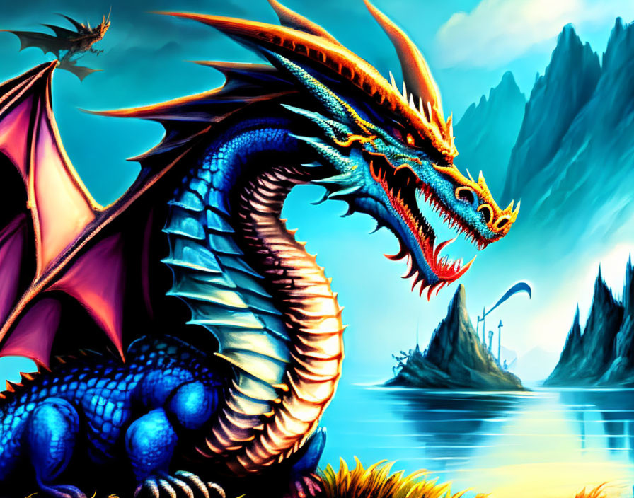 Colorful Dragon with Spread Wings in Mountain Landscape