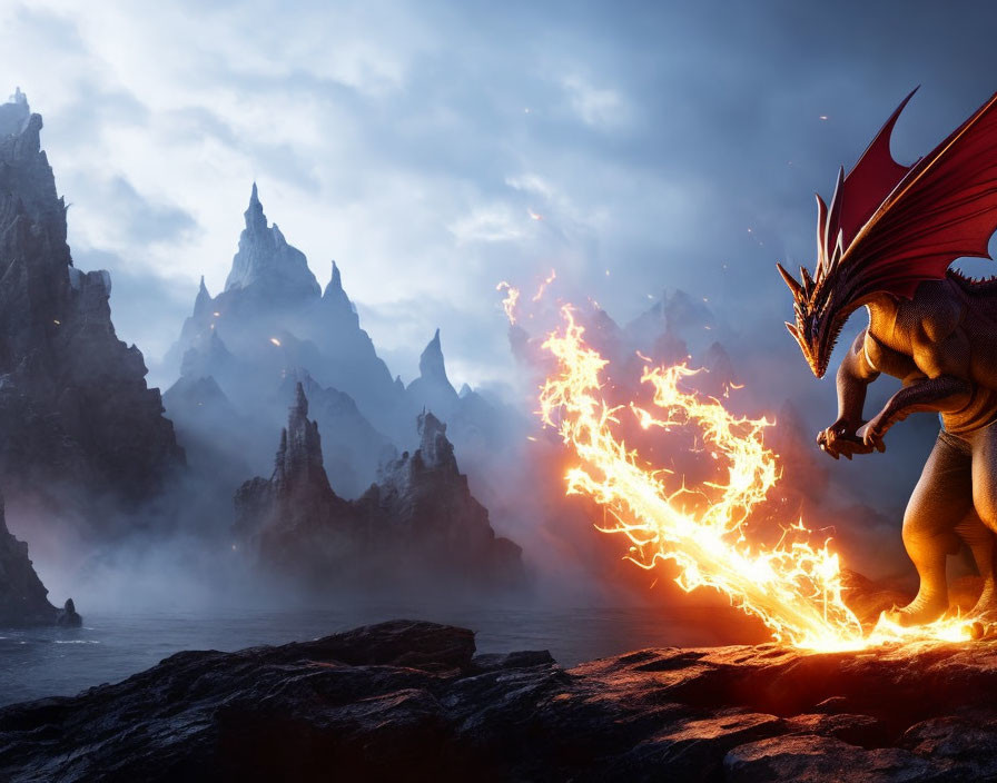 Majestic dragon breathing fire on rocky shoreline