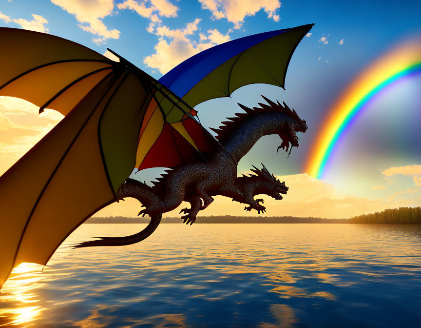 Colorful dragon illustration flying over water with rainbow at sunset