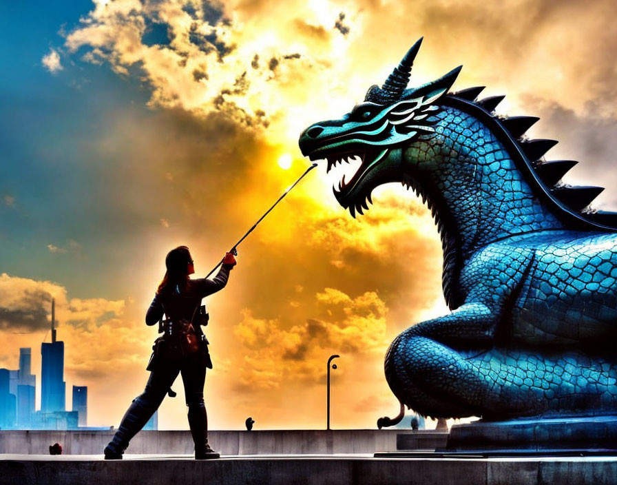 Person with sword in front of dragon statue at sunset with skyscrapers